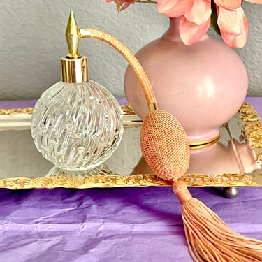 Glass Perfume Bottle, Atomizer, Tassel Fringe, Faceted Clear Glass, Vanity Decor, Sustainable Gift Idea 