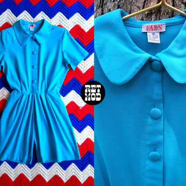 Comfy Cute Vintage 80s 90s Turquoise Blue Jersey Romper with Peter Pan Collar by FADS 