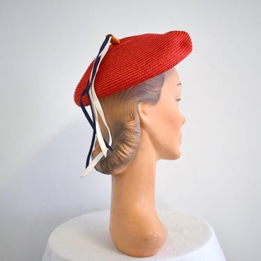 1960s Modern Miss Red Straw Beret with Navy and White Accents 
