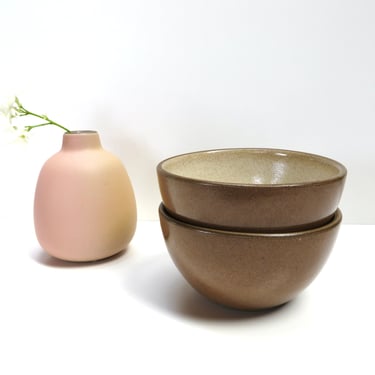 2 Vintage Heath Ceramics Small Snack Bowls In Sandalwood, Edith Heath Mini Coupe Line Bowls 