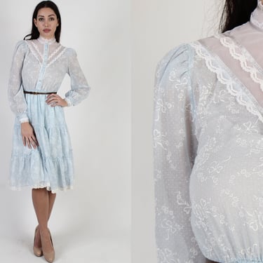 Candi Jones 70s Print Dress, Calico Tiny Floral Dress, Sheer Tiered Lace Full Skirt Midi Dress 