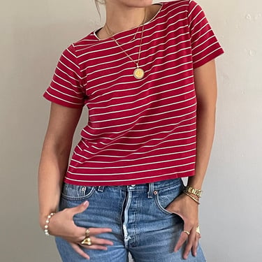 90s cotton tee / vintage red Breton micro striped cotton crewneck relaxed boxy stripe tee t-shirt | Large 