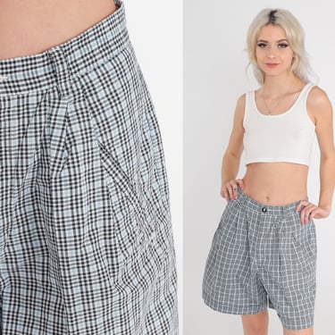 90s Plaid Shorts Black Blue Mom Shorts High Waisted Retro Pleated Trouser Shorts Checkered Preppy White Vintage 1990s Liz Claiborne Medium 8 