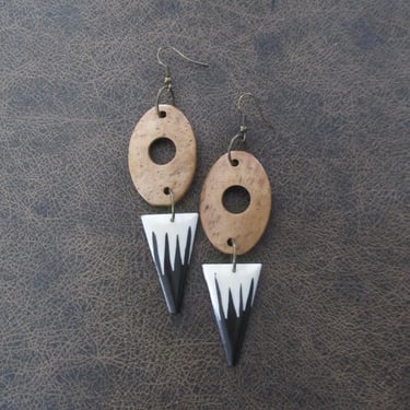 Batik print bone and coconut shell earrings, triangle 