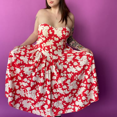 1980s Red Floral Sweetheart Dress, sz. 1X
