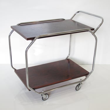 Bauhaus Art Deco Chrome Rosewood Rolling Bar Cart