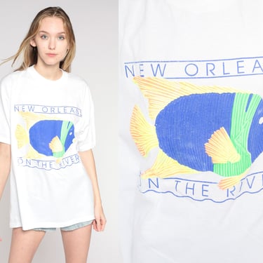 90s New Orleans T Shirt Tropical Fish Shirt On The River Under The Sea Print Souvenir Tourist Vintage 1990s White Crewneck Extra Large xl 