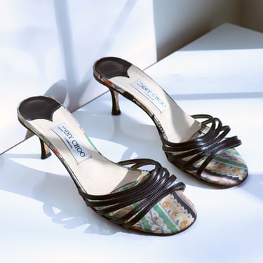 Vintage Jimmy Choo Y2K Black Strappy Slingbacks with Paisley Floral Sole Leather sz 38 7.5 8 2000s Slingback Slides 