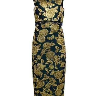 Lela Rose - Green &amp; Gold Floral Jacquard Midi Dress Sz 6