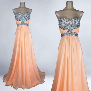 VINTAGE 90s Y2K Peach Chiffon Strapless Goddess Dress by Cache Sz 4 | 1990s 2000s Embellished Formal Prom Dress | VFG 