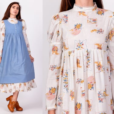 60s Floral Prairie Pinafore Apron & Dress, As Is - XXS | Vintage Girl's Maxi Gigot Sleeve Prairie Dress 