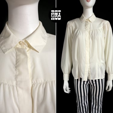 Classy Vintage 80s 90s Drapy Slightly Off-White White Long Sleeve Button Down Blouse 