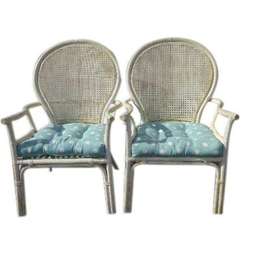 2 Rattan Chairs Chinoiserie Chinese Chippendale Vintage Bohemian Boho Beach Armchair Cane Bentwood Faux Bamboo Furniture Accent Seating 