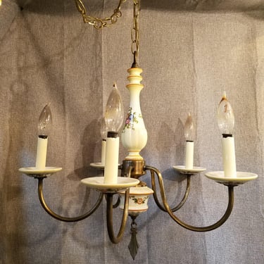 Vintage Italian Painted Porcelain and Brass Chandelier