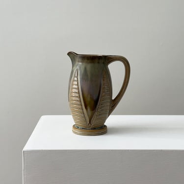 1930s – French Art Deco Denbac Ceramic Pitcher - Botanical Relief Design in Sage Green 