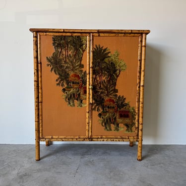 Vintage Tortoiseshell Bamboo Chinoiserie Cabinet with Tropical Floral & Elephant Motif 