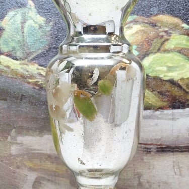 Antique Victorian Hand Blown Mercury Glass Vase, Vintage Hand Painted Flowers 