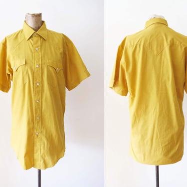 70s Mustard Yellow Western Pearl Snap Shirt S M 14 1/2  - 1970s Vintage Mens Cowboy Short Sleeve Button Up Shirt - Solid Color 