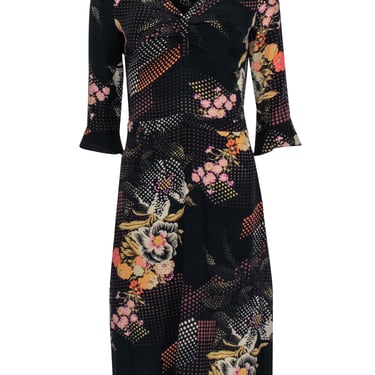 Mayle - Black Floral Print Silk Blend Midi Dress Sz 6