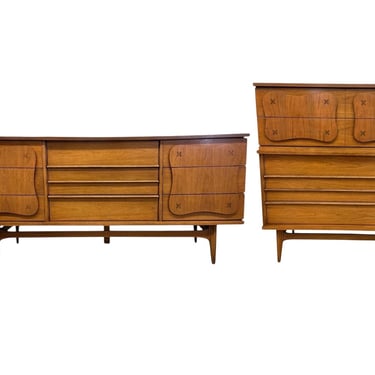 Free shipping within continental US - Vintage Bassett Monterey Mid-Century Modern Walnut 5-Drawer and 9-Drawer Dresser Set 