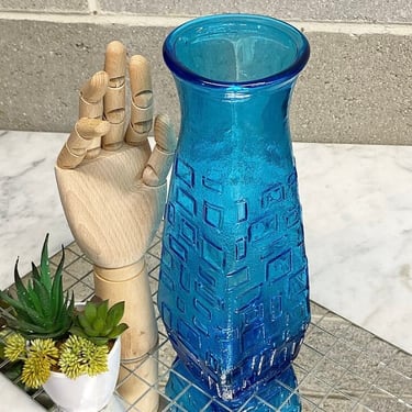 Vintage Empoli Glass Vase Retro 1960s Mid Century Modern + Blue + Geometric Design + Squares and Rectangles + Flower Display + MCM Decor 