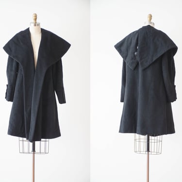 black wool coat | 50s 60s vintage dramatic cape collar heavy warm shaggy wool swing coat overcoat 
