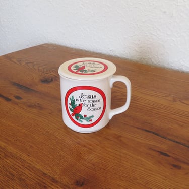 Vintage Mug with Lid Coaster 80's Christmas Jesus Is The Reason For The Season Red Cardinal 