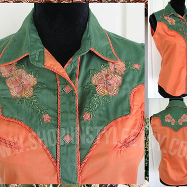 Panhandle Slim Vintage Western Retro Women's Cowgirl Shirt, Sleeveless Rodeo Blouse, Embroidered Flowers, Tag Size Small (see meas. photo) 