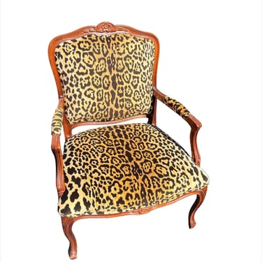 Vintage Louis XV style chair reimagined in all new velvety cheetah fabric. 
