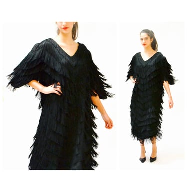 80s does 20s Vintage Black Flapper Fringe Dress Size xl xxl Plus Size// Vintage Black Fringe Party Flapper Dress Size XL xxl Dress 