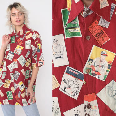 90s Baseball Shirt 1950s Trading Card Baseball Ticket All Over Print Shirt Red Button Up 1990s Vintage Short Sleeve Oversized Men's Large 