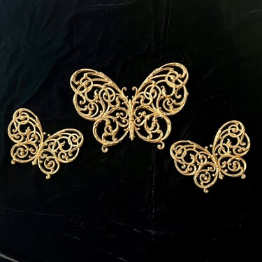 Gold Butterfly Beauties, Ornate Wall Decor, Set 3, Hollywood Regency, Dated 1978 
