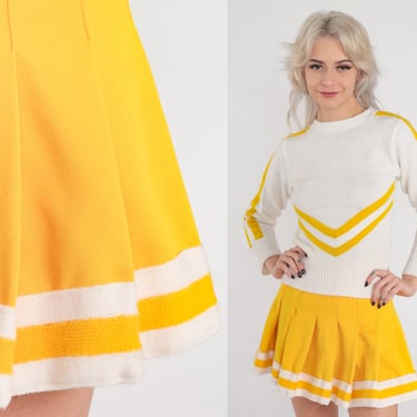80s Tennis Skirt Yellow Pleated Mini Skirt Cheerleader High Waisted Mini School Girl Cheer Uniform Retro White Striped Vintage 1980s 2xs xxs 