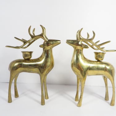 Vintage Brass Deer Candle Holders - Pair of Brass Reindeer Candle Holders 