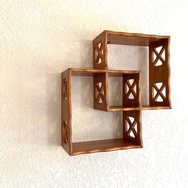 pair interlocking squares wood curio shelves 1960 cherry wall shelf - miniature display case 