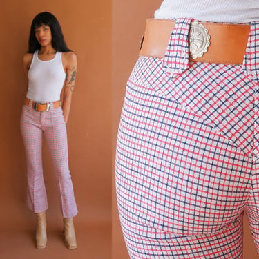 Vintage 70s Plaid Western Pants/ 1970s Red White Blue High Waisted Cowgirl Bell Bottom Pants/ Size Small 26 