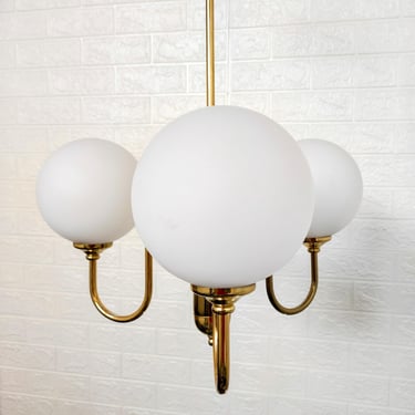 Vintage Ceiling Lamp / Mid century Modern Ceiling Lamp / Three Milky Bulbs Chandelier /Pendant Light / Golden Metal Ceiling Light / 70s 