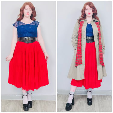 1990s Vintage Red Rayon Crinkle Skirt / 90s Elastic Waist Pleated Broomstick Skirt / Size Medium - XL 