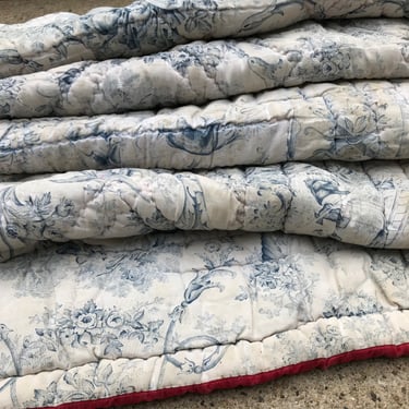 French Toile de Jouy Quilt Remnants, Indigo Blue, Antique 19th C French Historical Textile Collectors, Chateau Decor, Distressed 