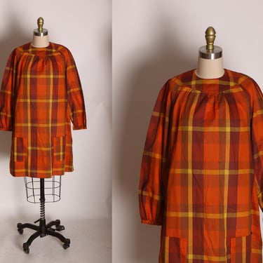 1960s Orange, Brown and Yellow Plaid 3/4 Length Sleeve Pocketed Dress -L 