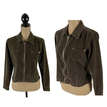 90s Dark Brown Cropped Corduroy Jacket, Zip Up Long Sleeve Crop Shirt Top Medium, 1990s Clothes Women Vintage TANGIBLES 