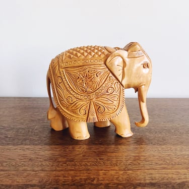 Vintage Indian Hand-Carved Wooden Elephant Figurine 