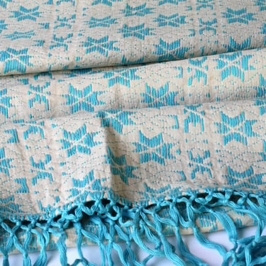 Hand Embroidered Cotton Fringe Throw Blanket - Vintage Turquoise Cashmere Yarn Embroidery 