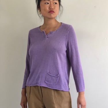 90s silk sweater / vintage silk + linen pastel lilac lavender henley rolled hem pocket sweater | Large 