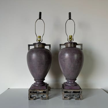 Large Vintage Asian Style   Urn - Shape Ceramic Table  Lamps On Metal Base - A Pair 