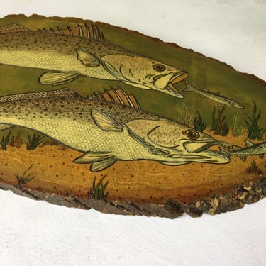 Vintage Rustic Fish Artwork By J.P. Garner Of Florida, Trout Fish Art, Rustic Wood Slice Art, Lake Cabin, Homosassa Springs Wildlife Manager 