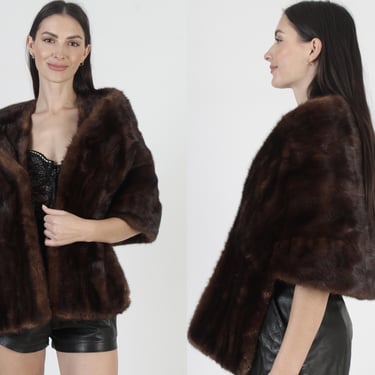 Real Mahogany Mink Fur Capelet, Dark Cropped Cape, Vintage 60s Portrait Collar Bridal Shrug 