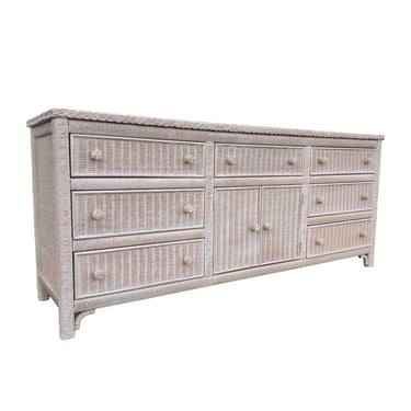 Henry Link Wicker Dresser with 9 Drawers - Vintage White Wash Wrapped Rattan Coastal Boho Chic Furniture 