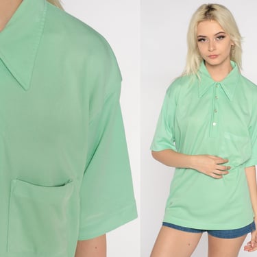 Mint Green Polo Shirt 70s Half Button Up Shirt Dagger Collared Short Sleeve Geek Retro Plain Top Disco Vintage 1970s Mens Extra Large xl 