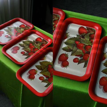 Vintage Mid Century Tin Kitschy TV Tray Trio w/ Strawberry Print | Jewelry, Catch All, Tray | Mid Century Serving Tray | Serving Platter 